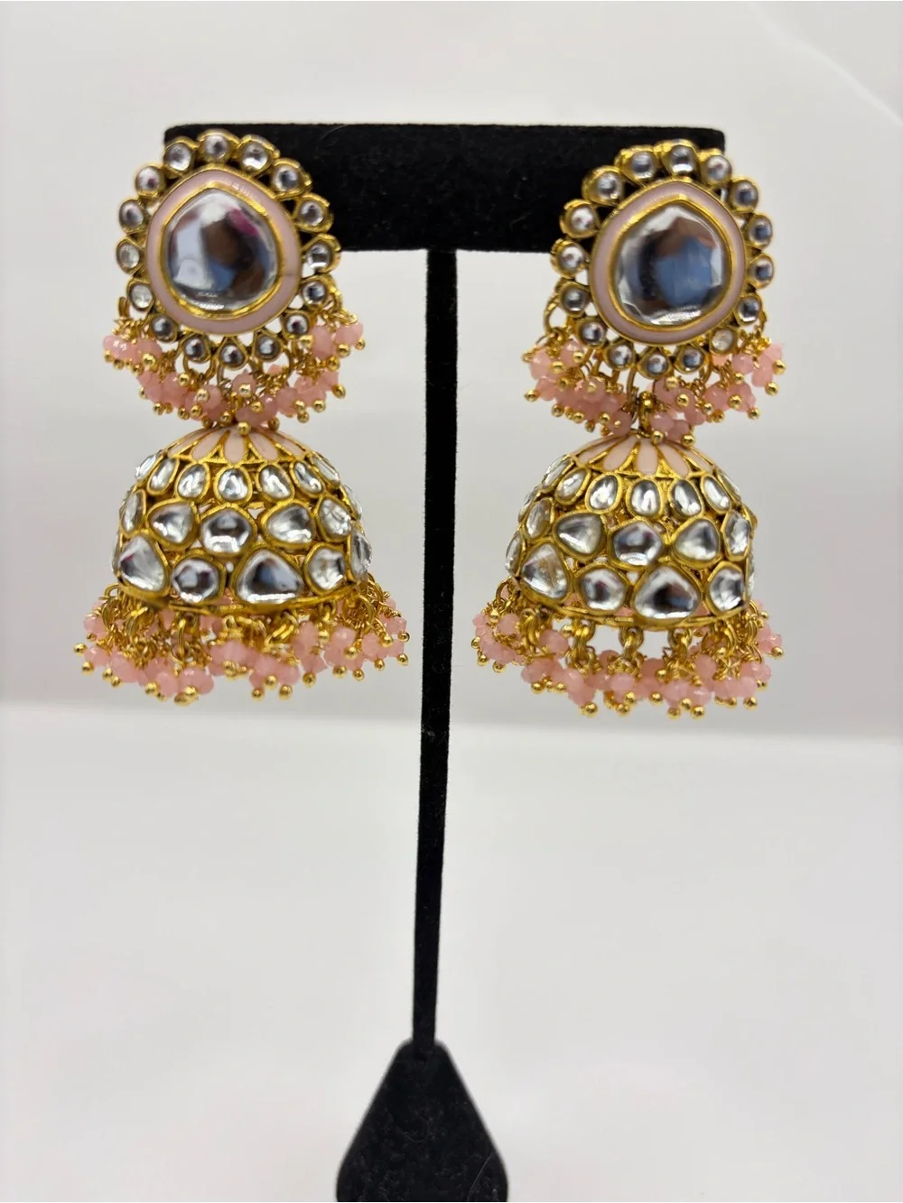 Gold Kundan Jhumka Earrings with Pink Beads - Women Jewelry